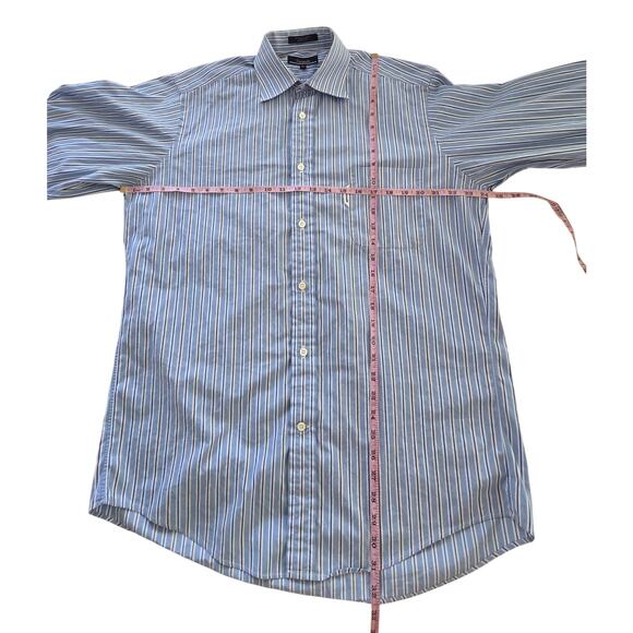 Faconnable Dress Shirt 4/16 L Blue Brown Stripe 100% Cotton Made in USA Luxury - Picture 5 of 7